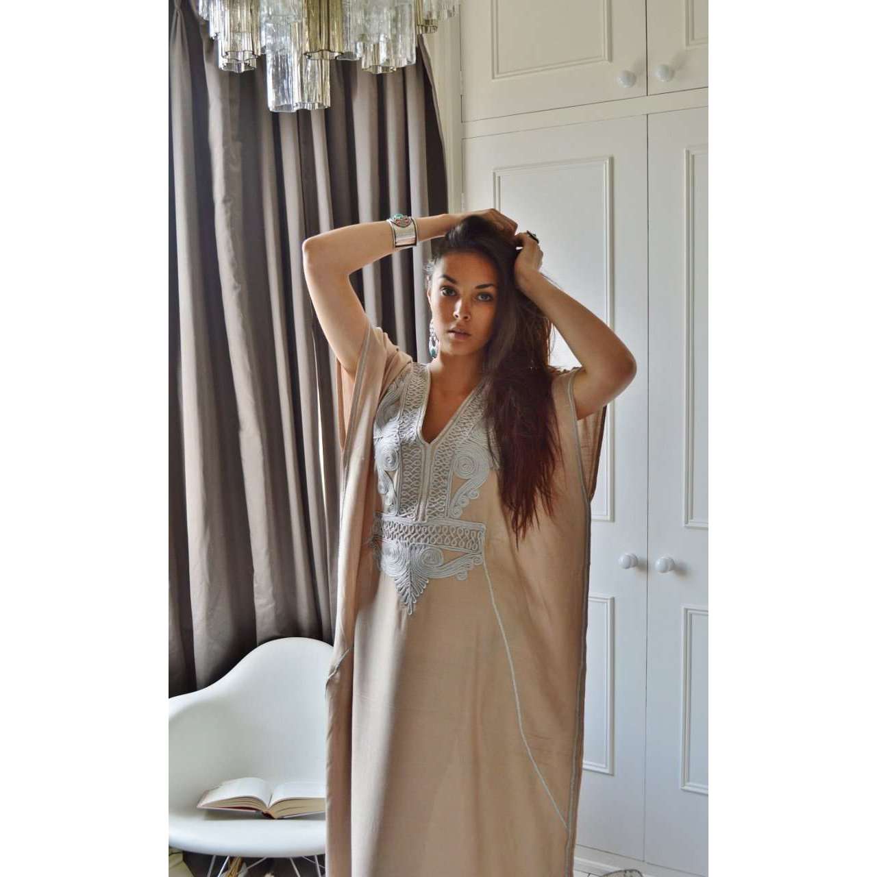 Beige Marrakech Resort Lounge Wear Caftan Kaftan with Silver Embroidery