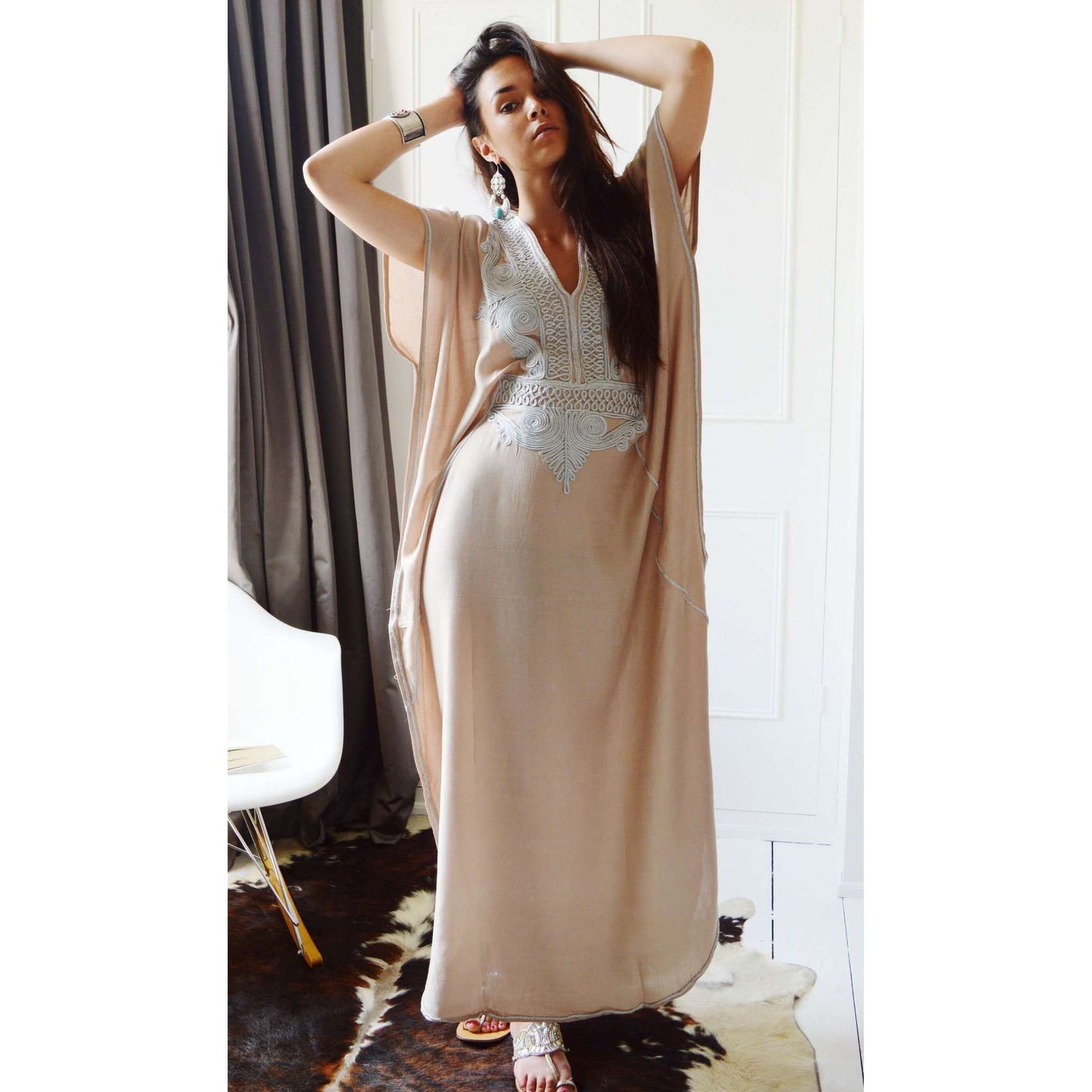 Beige Marrakech Resort Lounge Wear Caftan Kaftan with Silver Embroidery