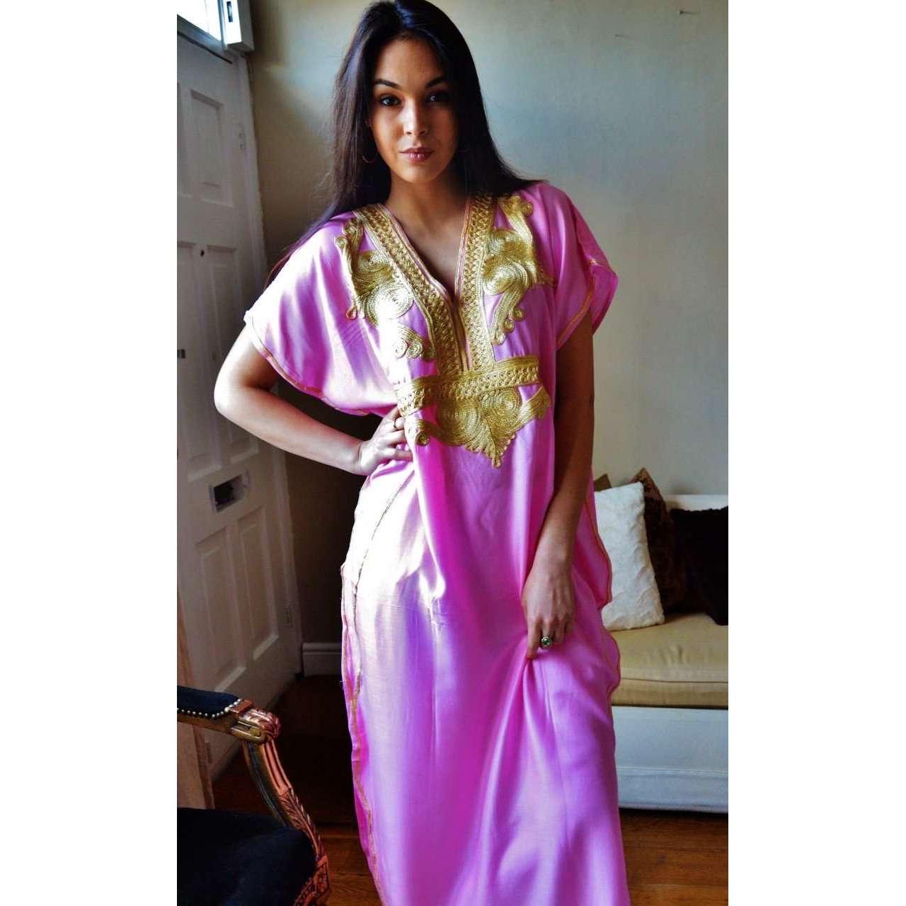 Pink Marrakech Resort Lounge Wear Caftan Kaftan with Gold Embroidery
