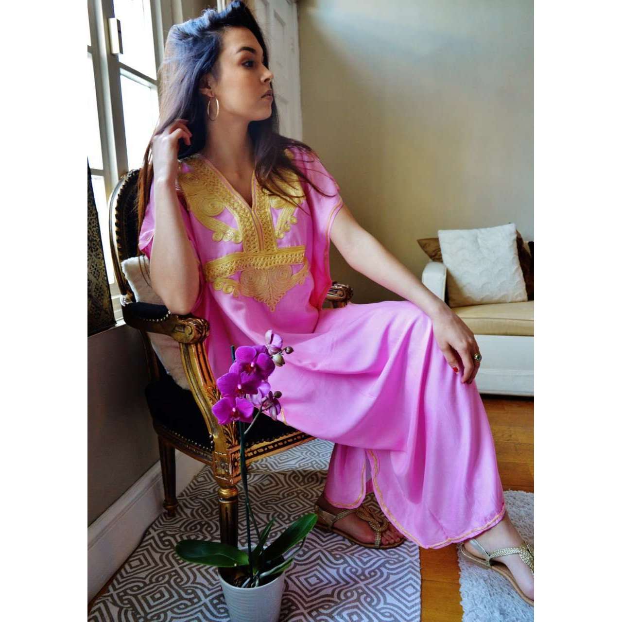 Pink Marrakech Resort Lounge Wear Caftan Kaftan with Gold Embroidery