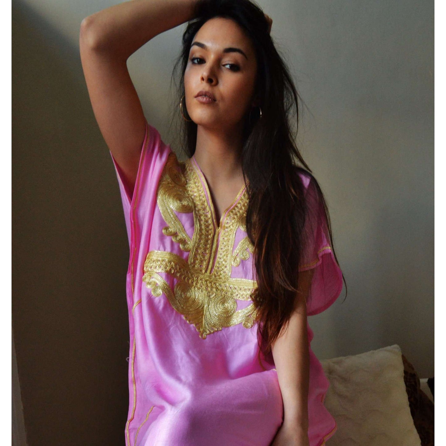 Pink Marrakech Resort Lounge Wear Caftan Kaftan with Gold Embroidery