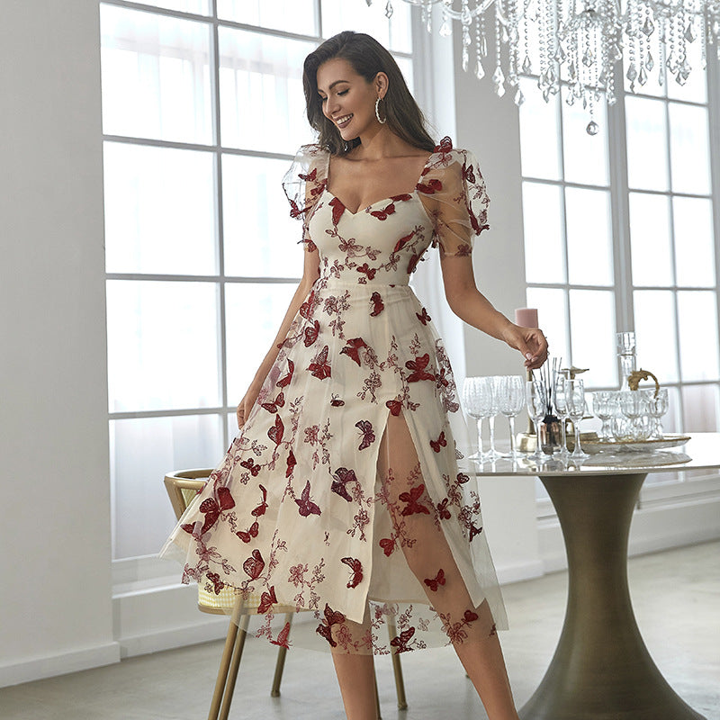 Embroidered Printed Waist off-Shoulder Dress