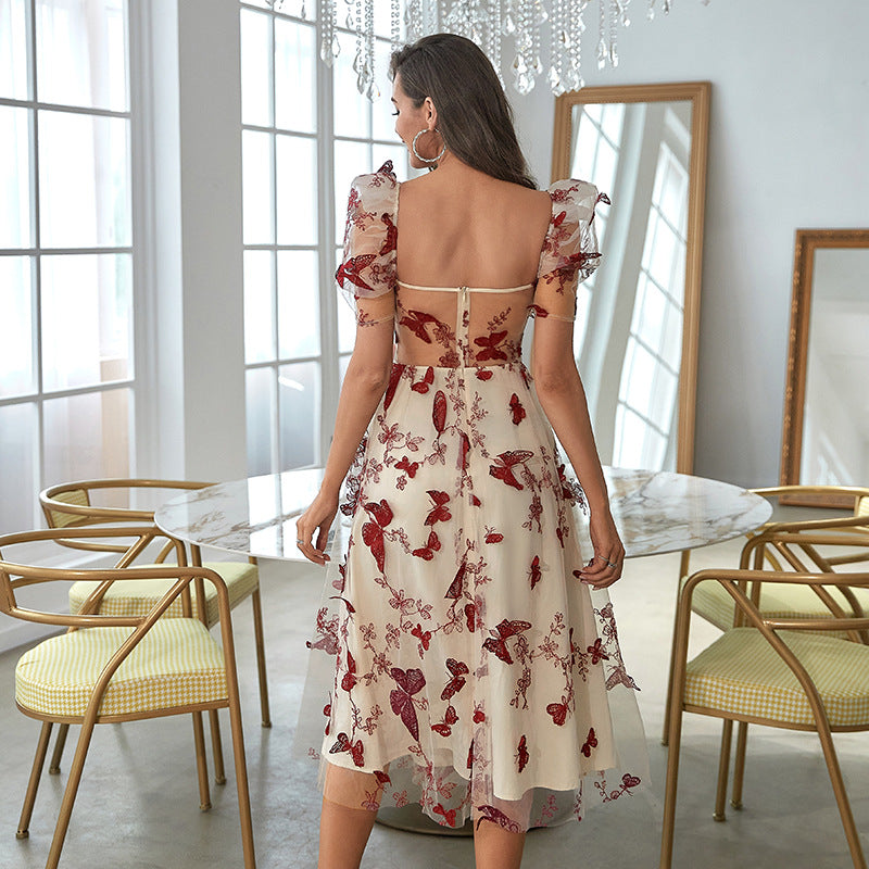 Embroidered Printed Waist off-Shoulder Dress
