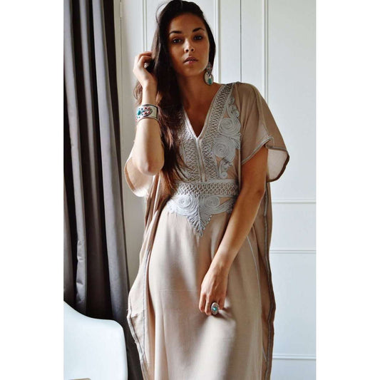 Beige Marrakech Resort Lounge Wear Caftan Kaftan with Silver Embroidery