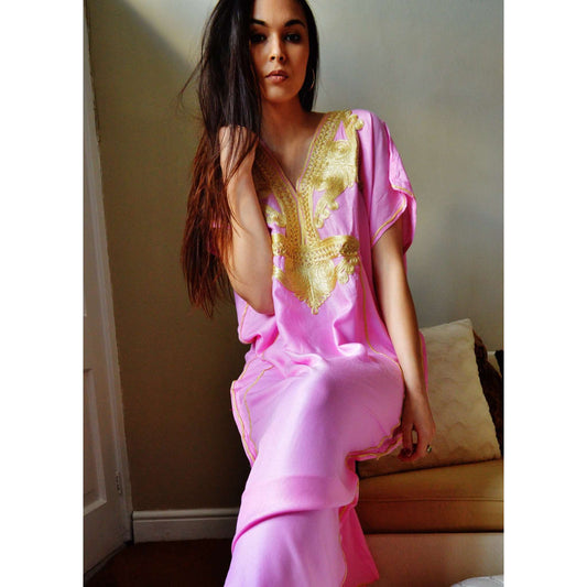 Pink Marrakech Resort Lounge Wear Caftan Kaftan with Gold Embroidery