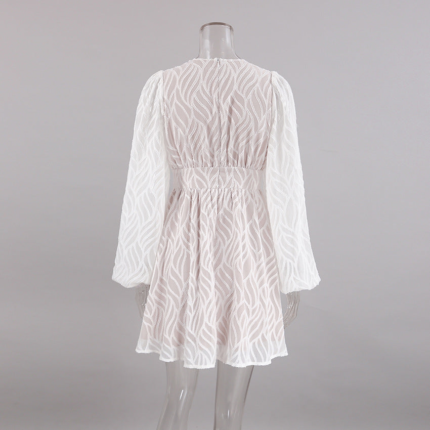 White Hollow Out Cutout Lantern Sleeve Dress