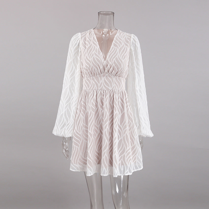 White Hollow Out Cutout Lantern Sleeve Dress