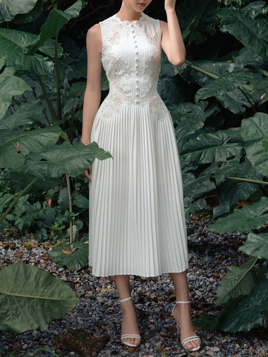 Round Neck Summer Dresses  Sleeveless High Waist Spliced Embroidery